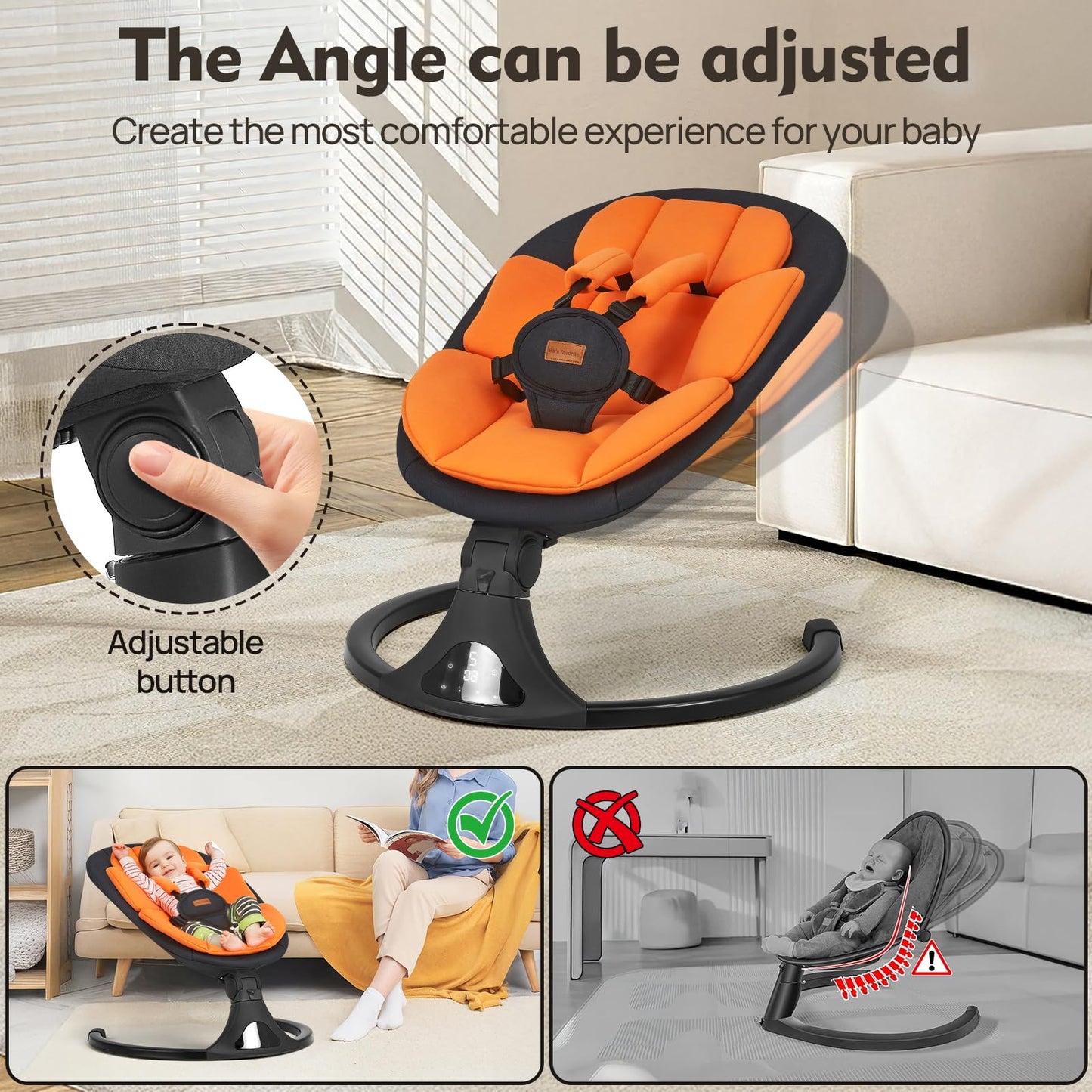 Side view of Feitiong baby swing with 5-point safety harness