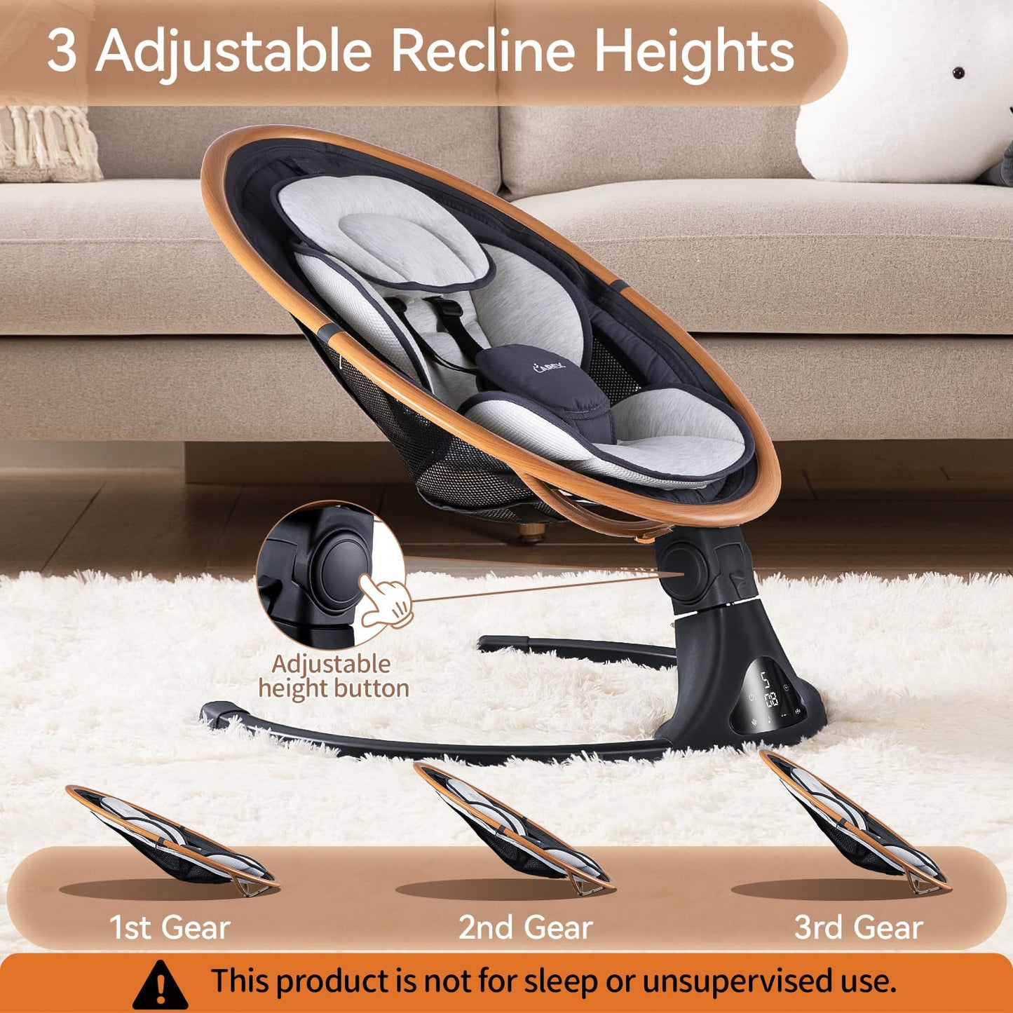 Side profile of Larex electric swing with wood grain frame