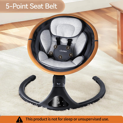 Larex newborn swing showing Bluetooth music control panel