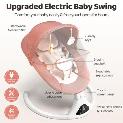 Side profile of portable pink baby swing for infants