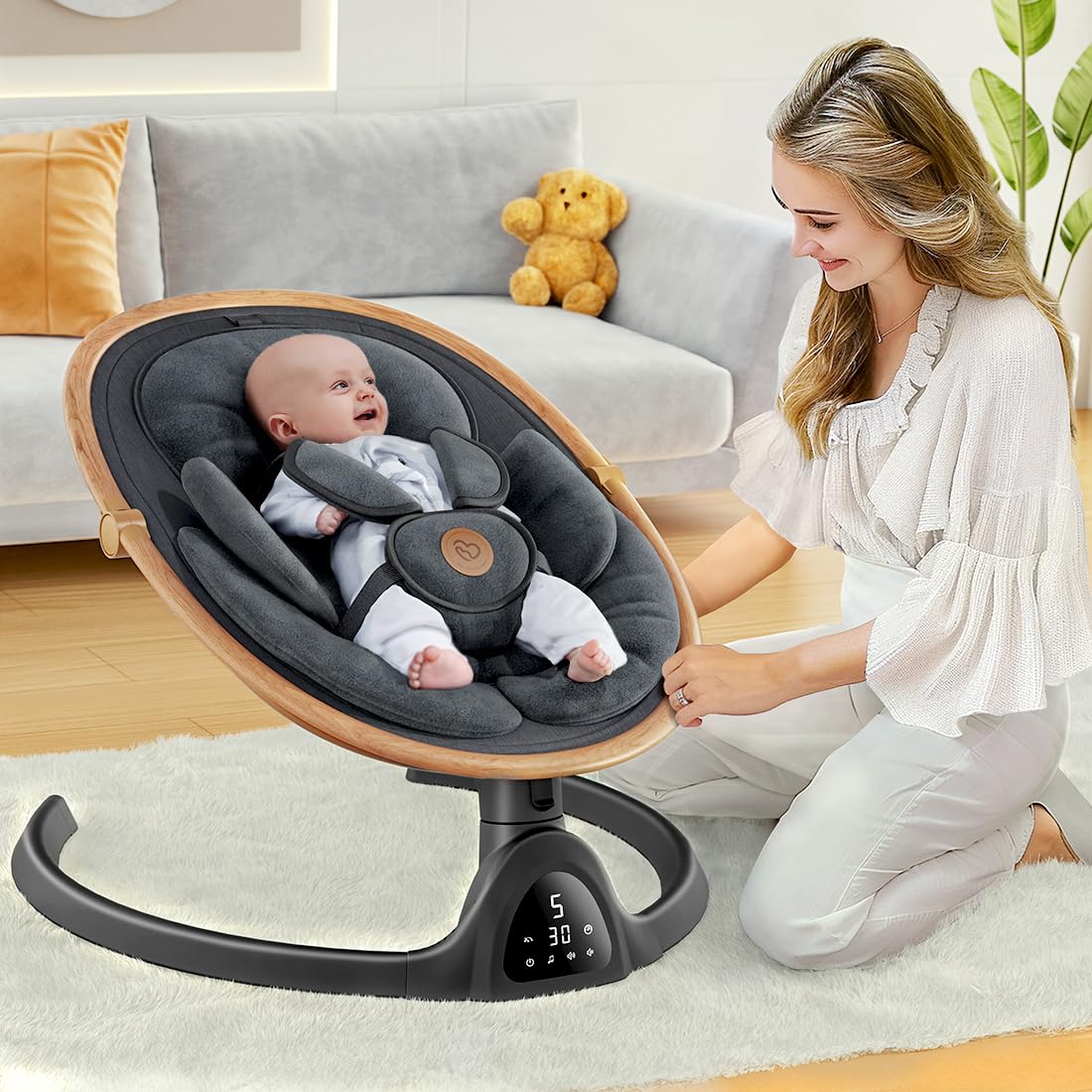 Side angle view of the FasonBaby portable baby swing displaying adjustable seat positions