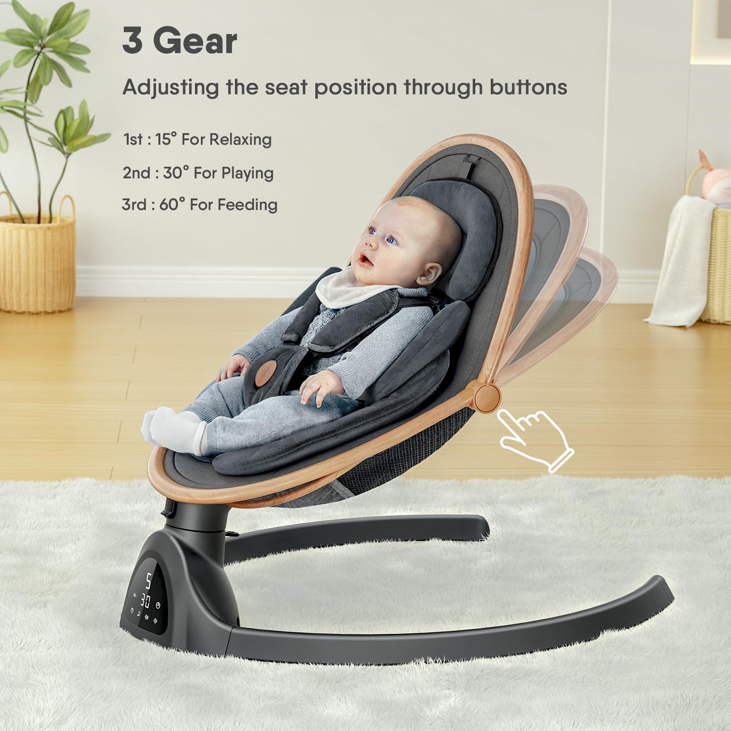 Side profile of FasonBaby swing showing 3 seat positions
