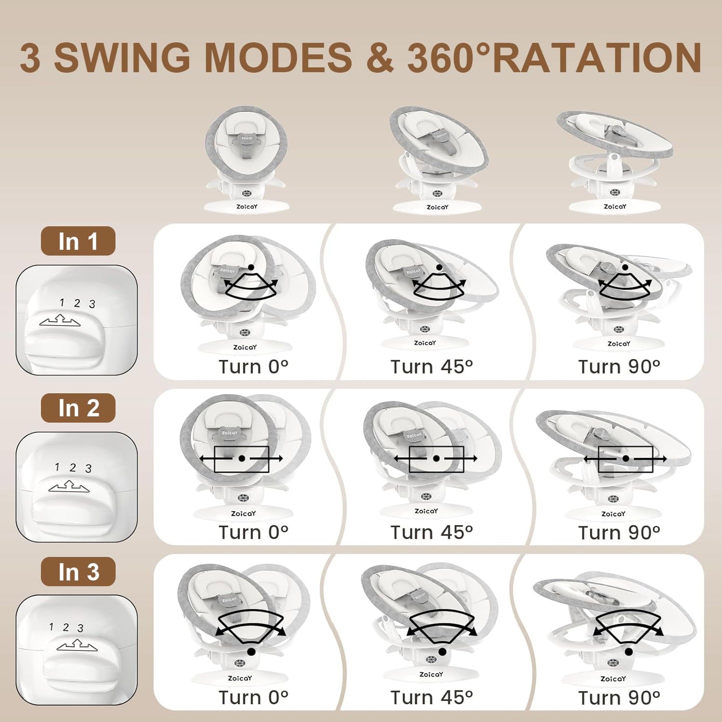 Side view of Zoicay baby swing with motion detection