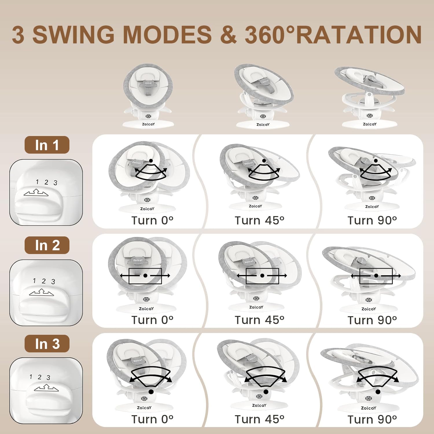 Side view of Zoicay baby swing with motion detection