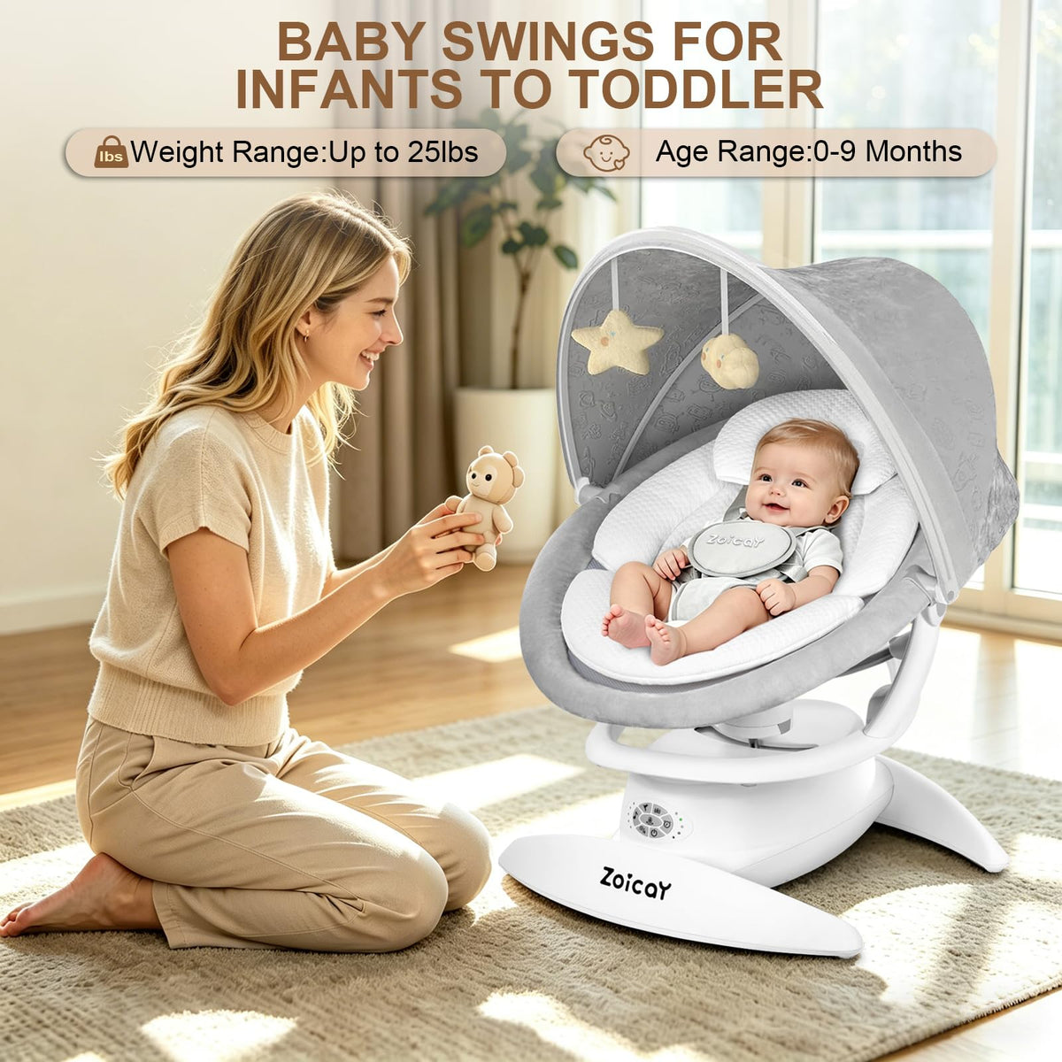 Lifestyle view of the Zoicay electric baby swing in a modern nursery setting