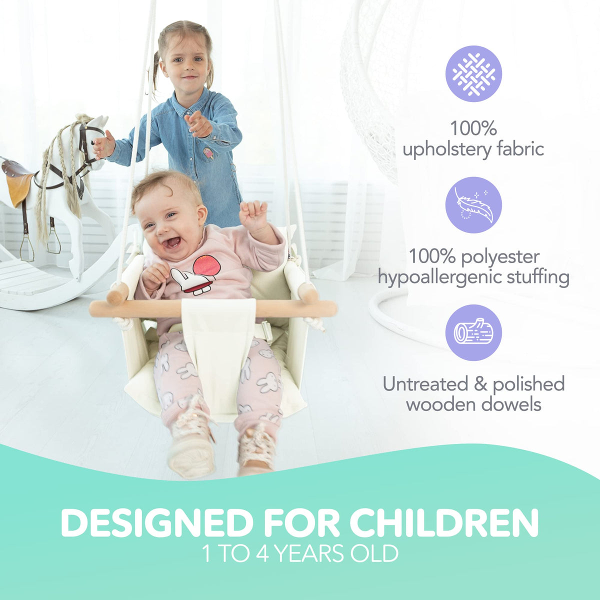 Cateam hanging toddler swing showing five point safety belt