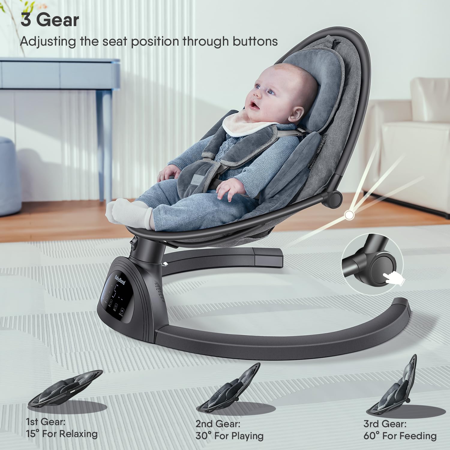BabyBond portable swing being used in a living room setting