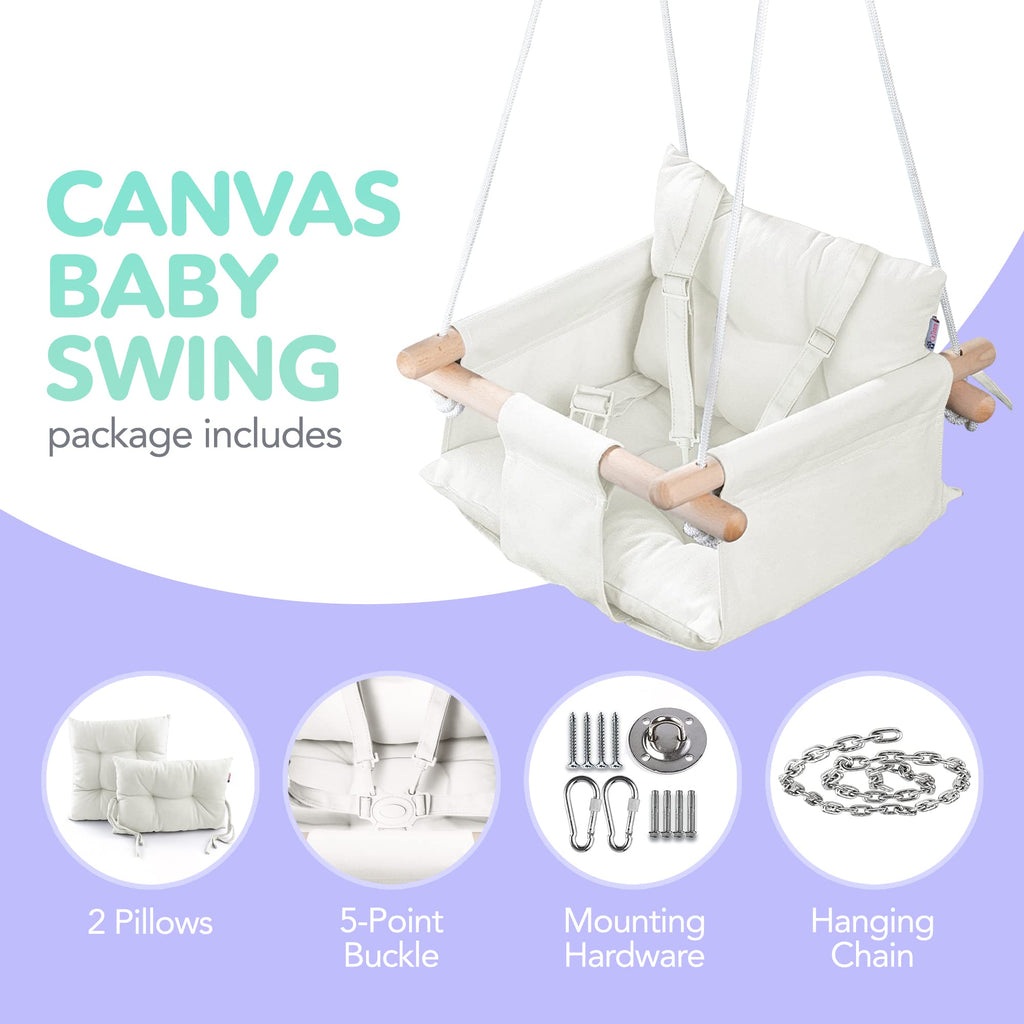 Side angle of Cateam wooden baby hammock chair with plush pillows