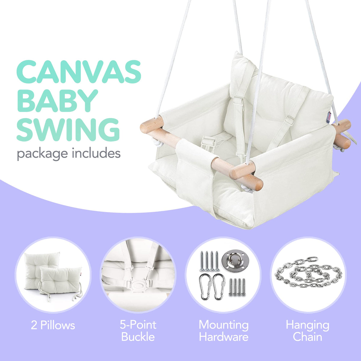 Side angle of Cateam wooden baby hammock chair with plush pillows