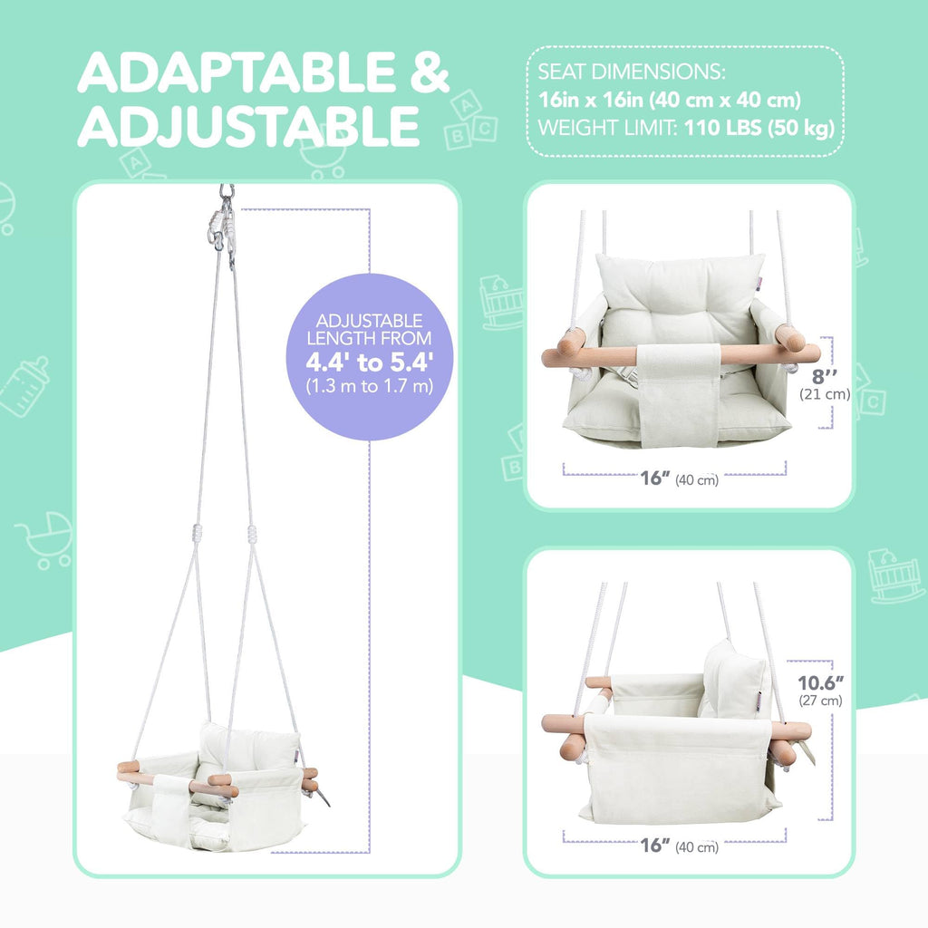 Close up view of polished natural wood dowels on Cateam baby swing
