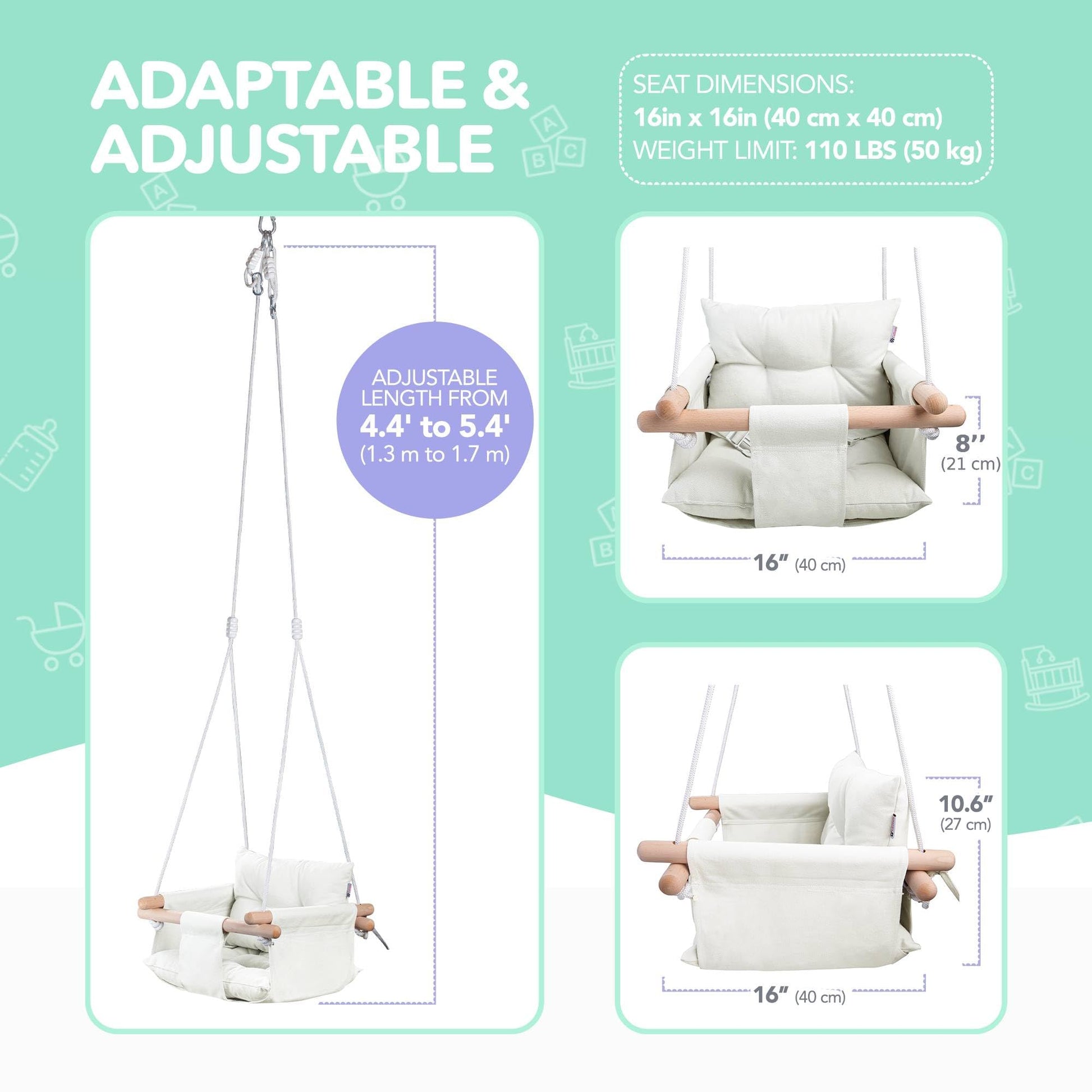 Side profile of wooden hanging baby swing chair