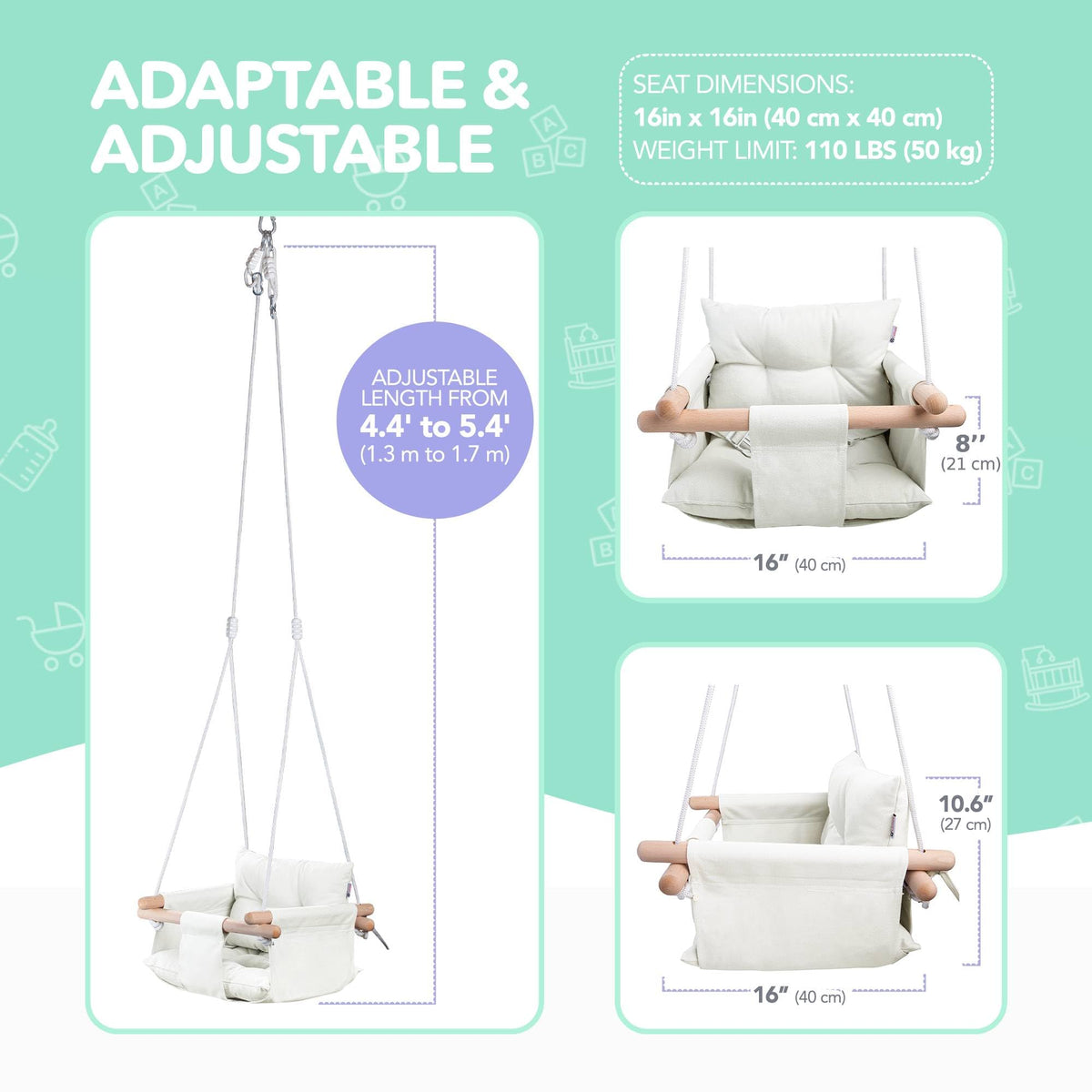 Close up view of polished natural wood dowels on Cateam baby swing