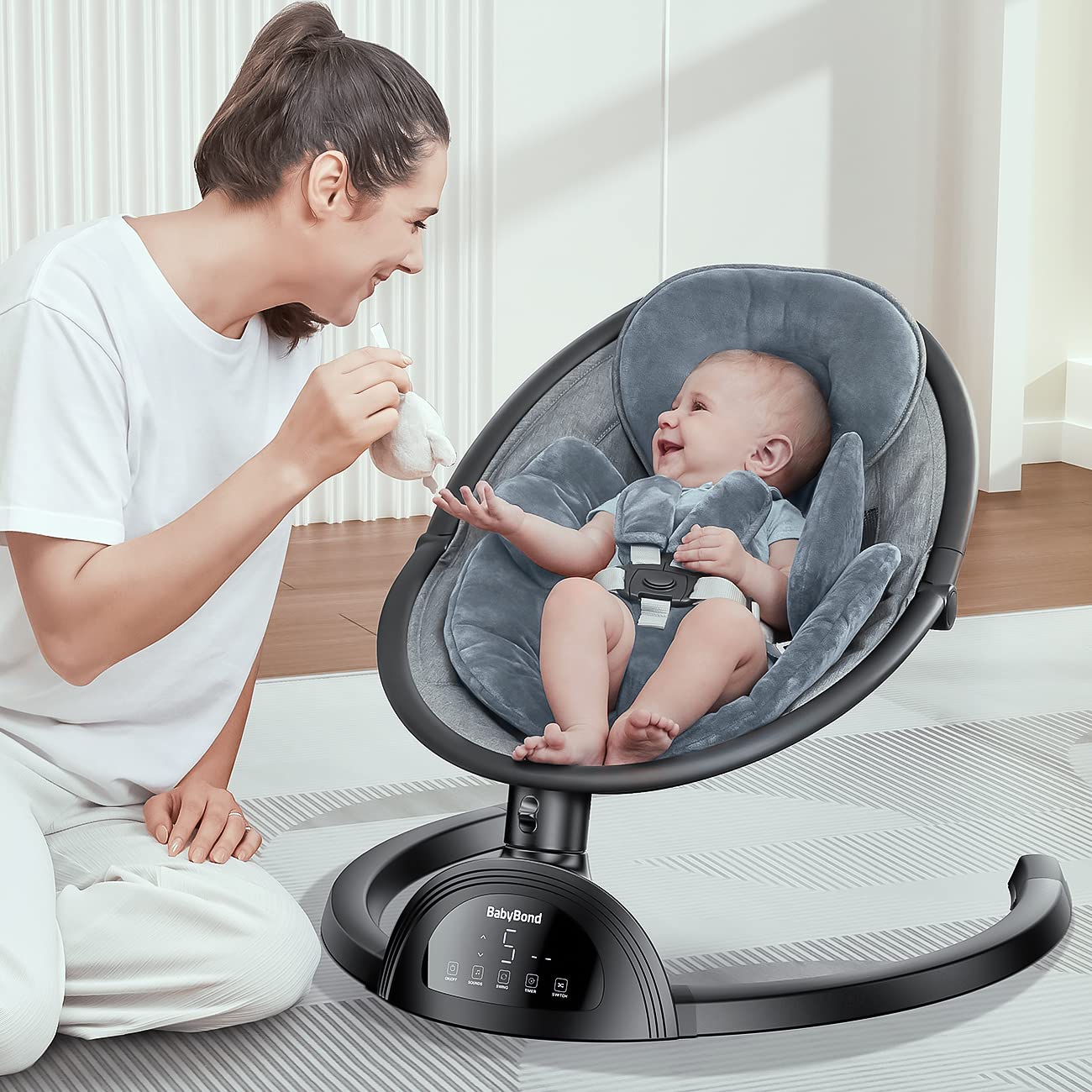Detailed view of BabyBond infant swing assembly and frame