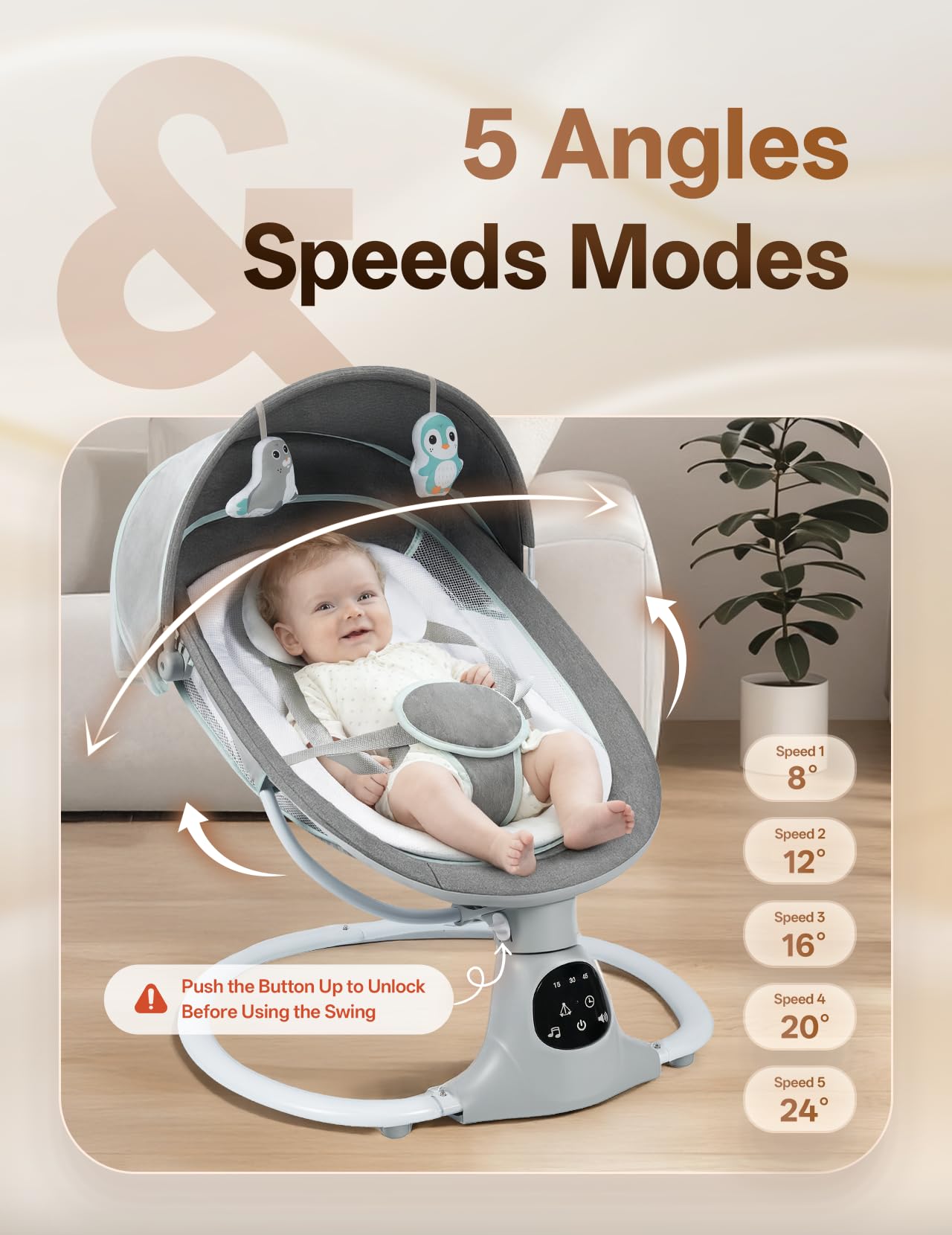 Portable infant rocker with grey breathable fabric