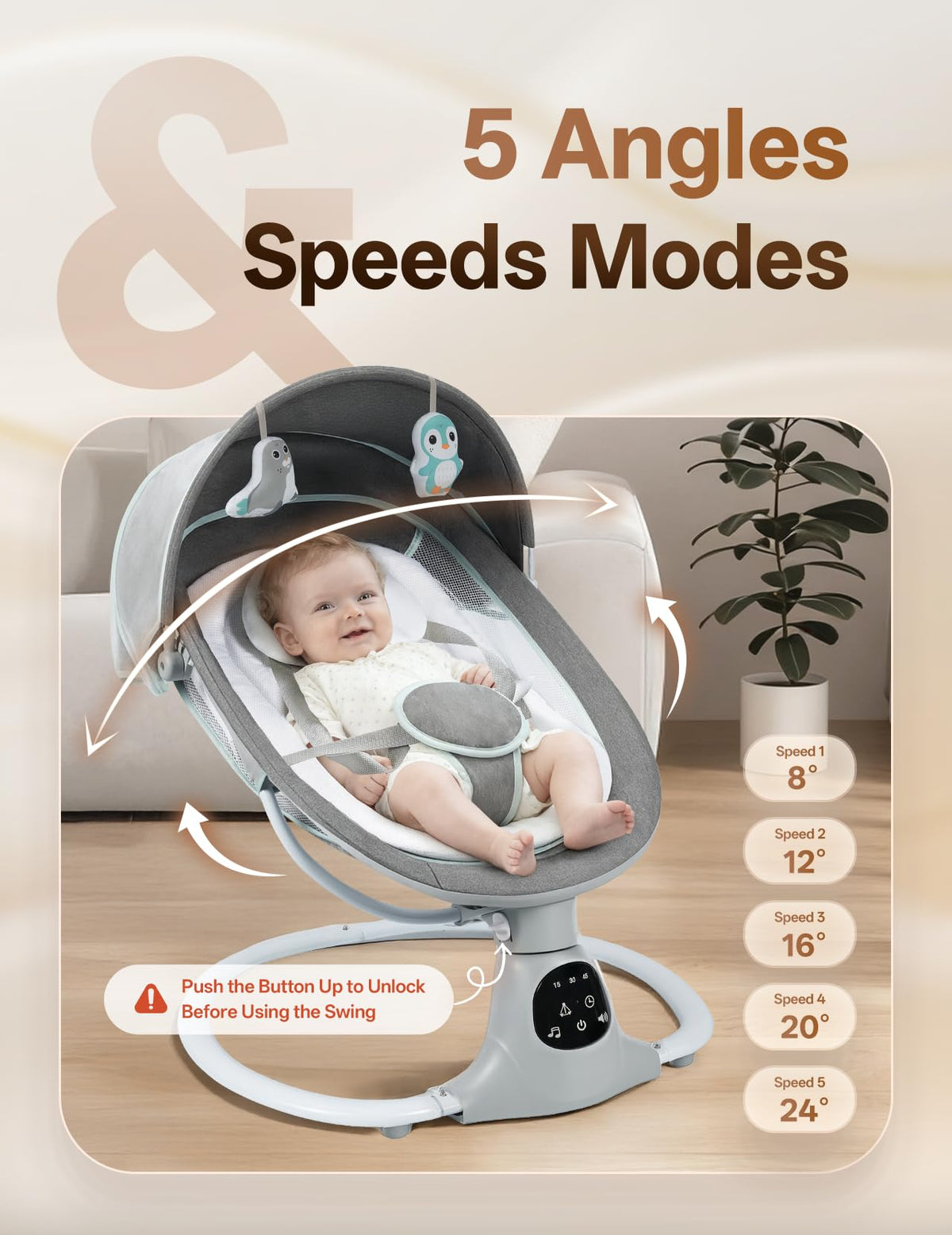 MelloBubbz Electric Baby Swing angled view highlighting the sturdy iron frame.