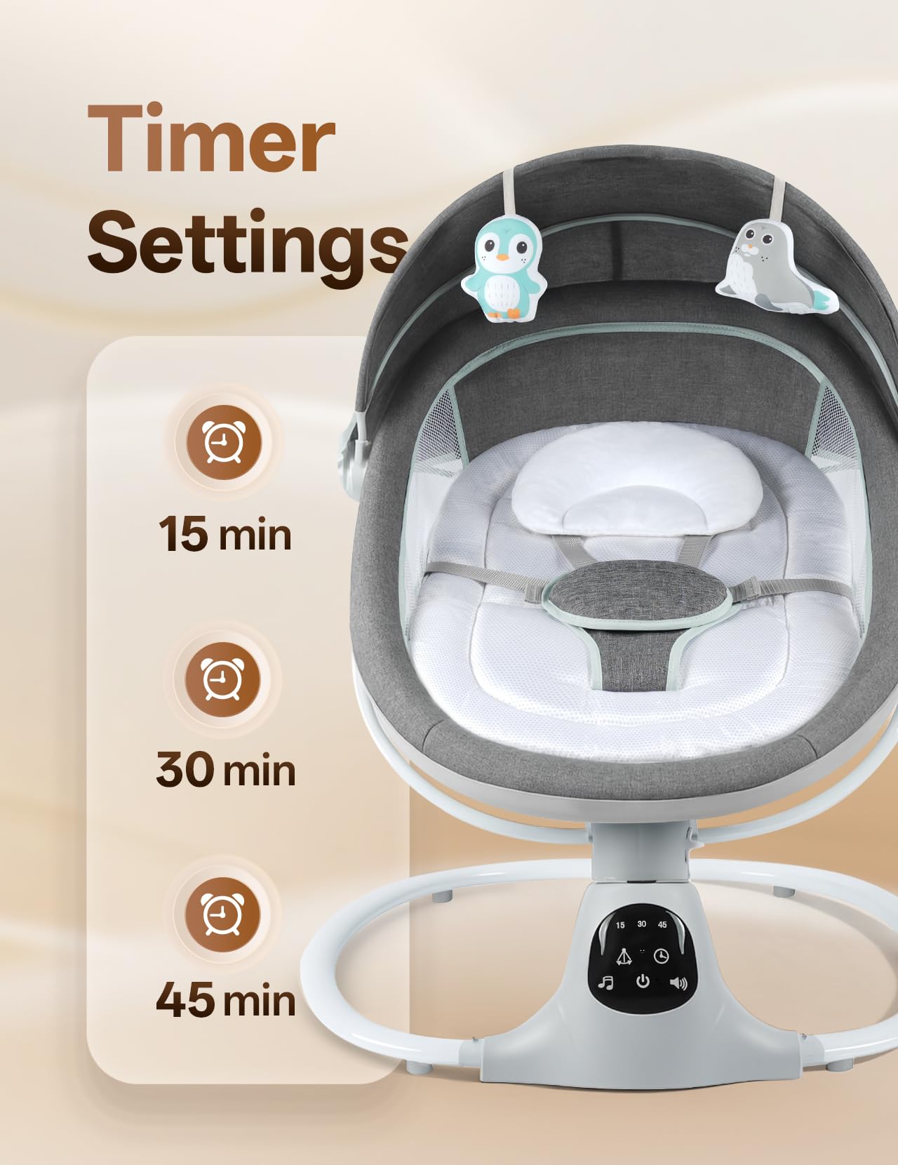 Electric baby swing showing 5-point safety harness