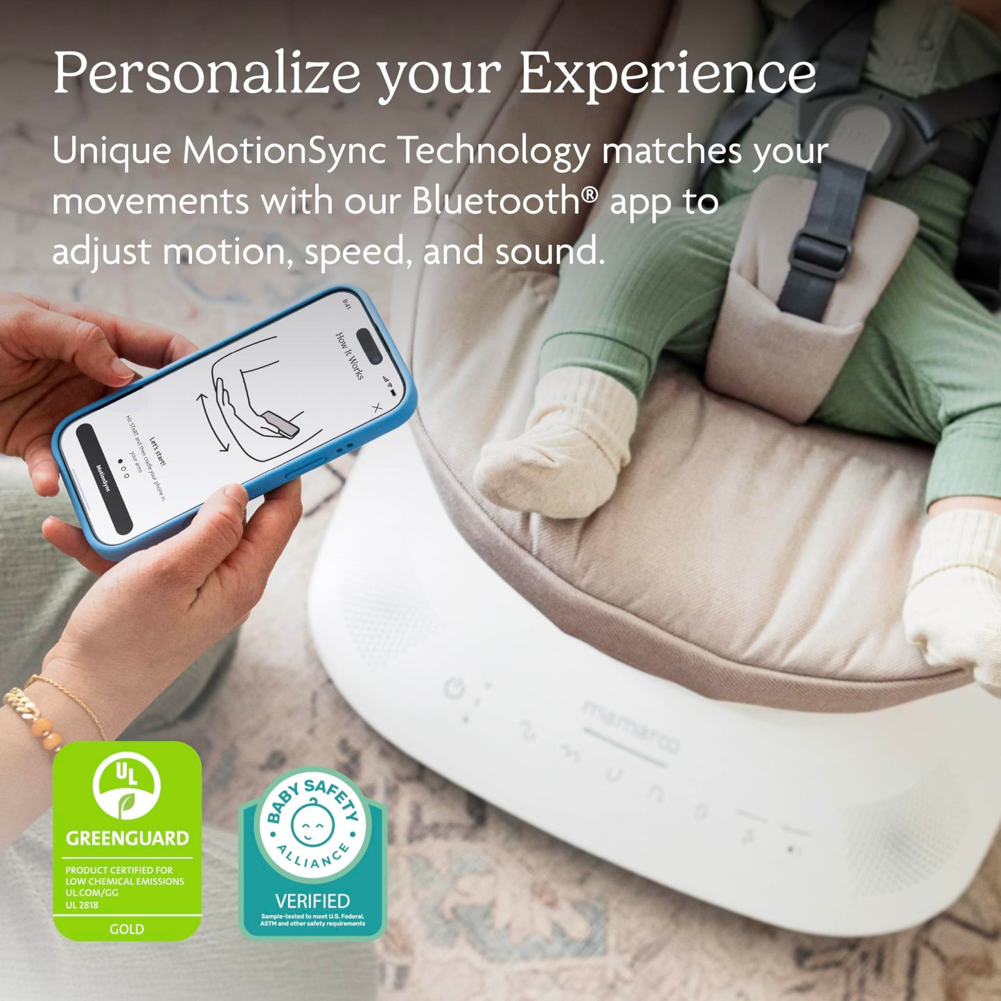 Side profile of UPPAbaby Mamaroo Smart Swing with newborn insert