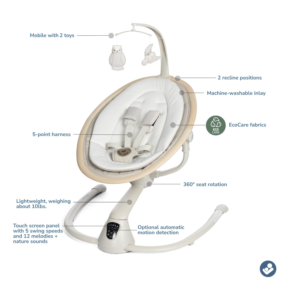 Maxi-Cosi Cassia portable baby swing touch screen control panel close-up
