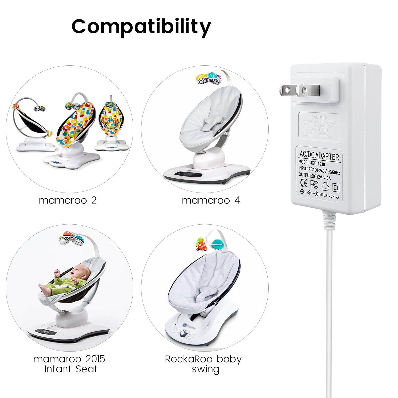 Yeaoi replacement AC adapter for 4moms MamaRoo white cable