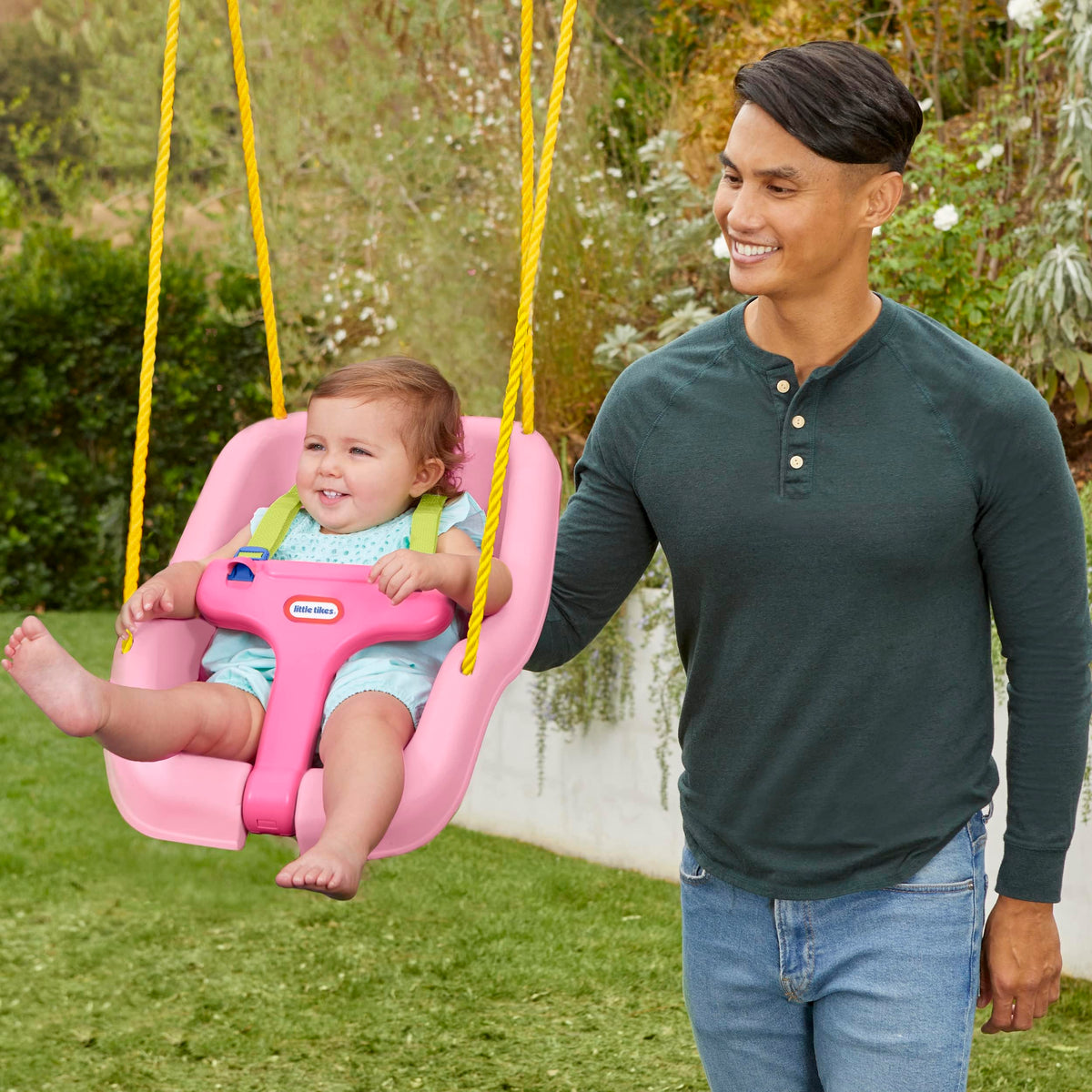 Full dimensions and packaging view of the Little Tikes 2-in-1 swing