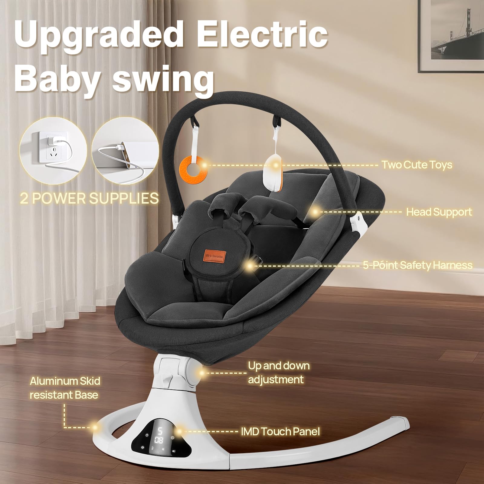 Side profile of Viriwebaby portable baby swing