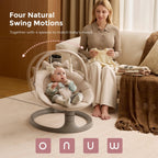 Momcozy baby swing showing dual-arm support structure and control panel