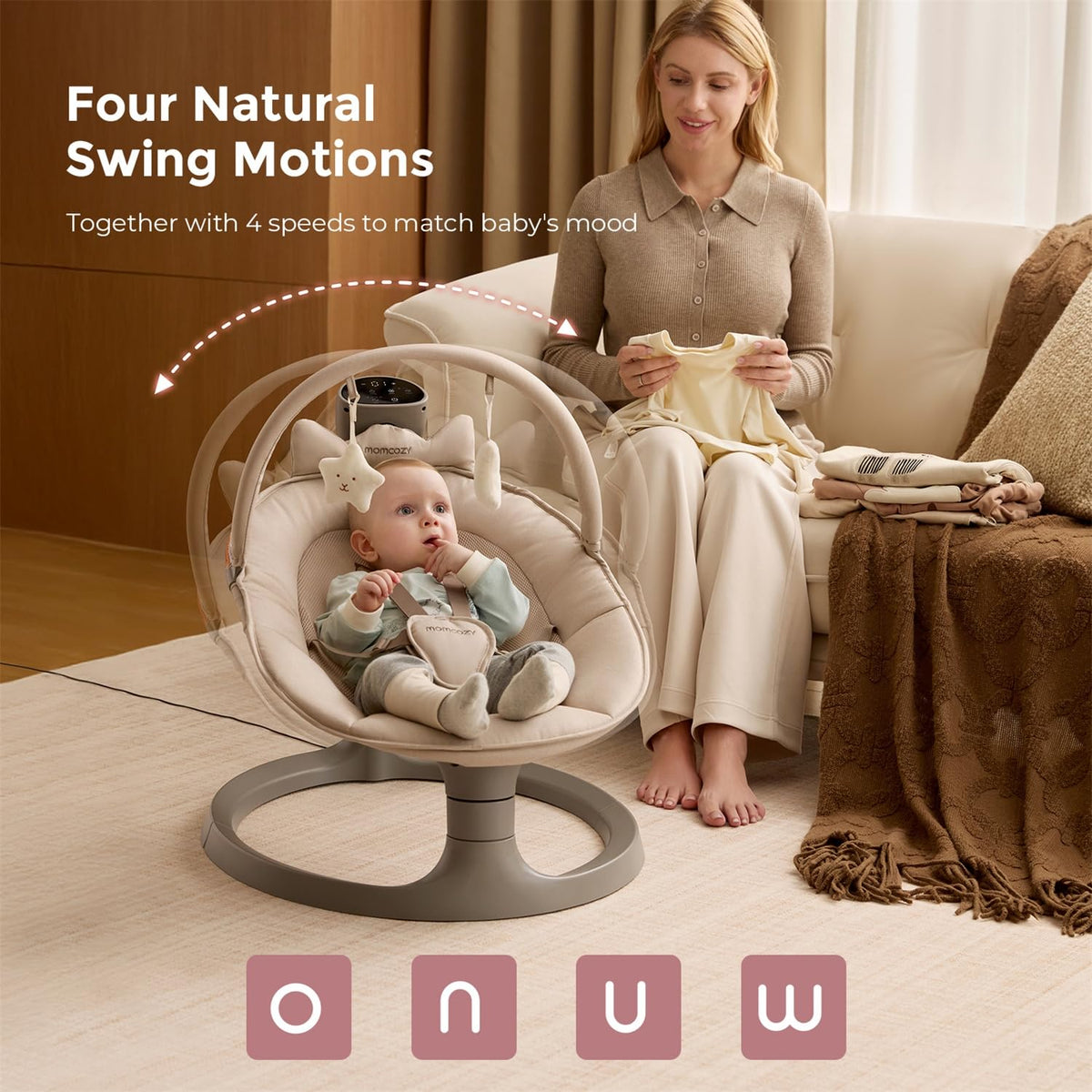 Momcozy baby swing showing dual-arm support structure and control panel