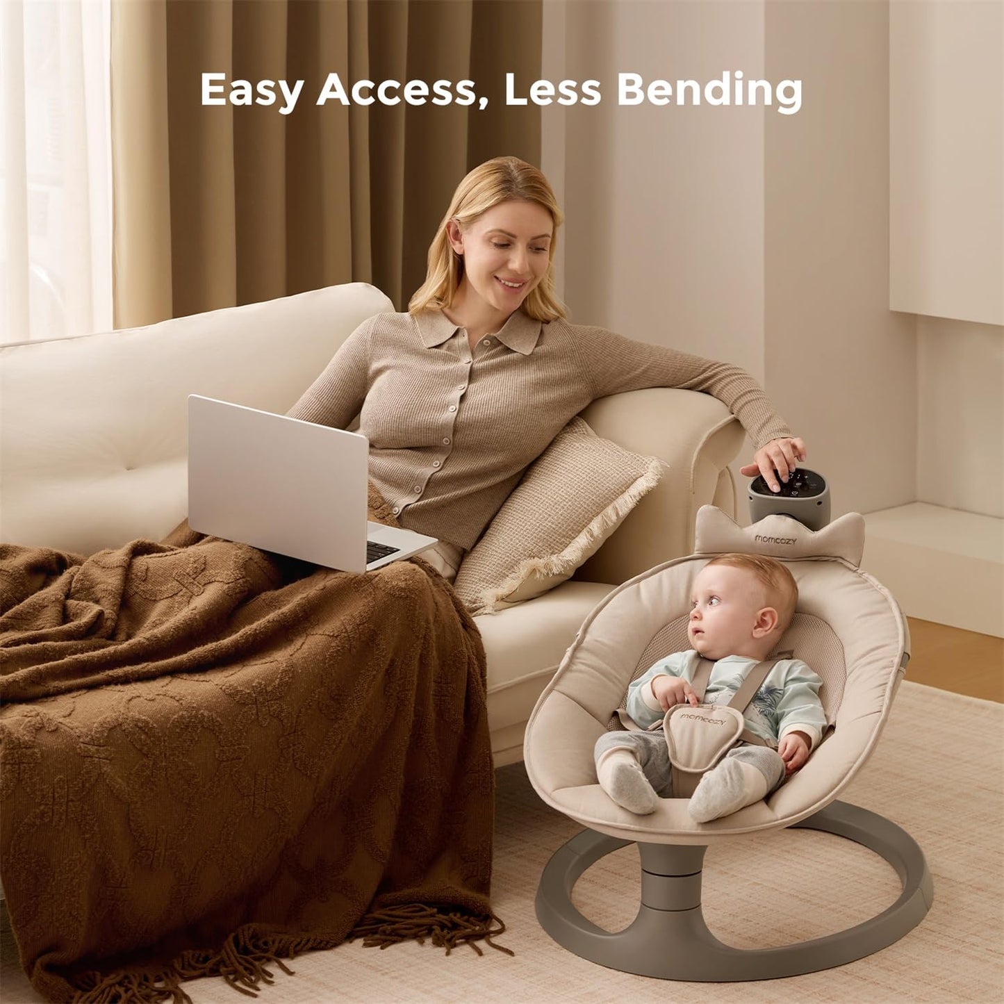 Side profile of Momcozy electric baby swing with recline feature
