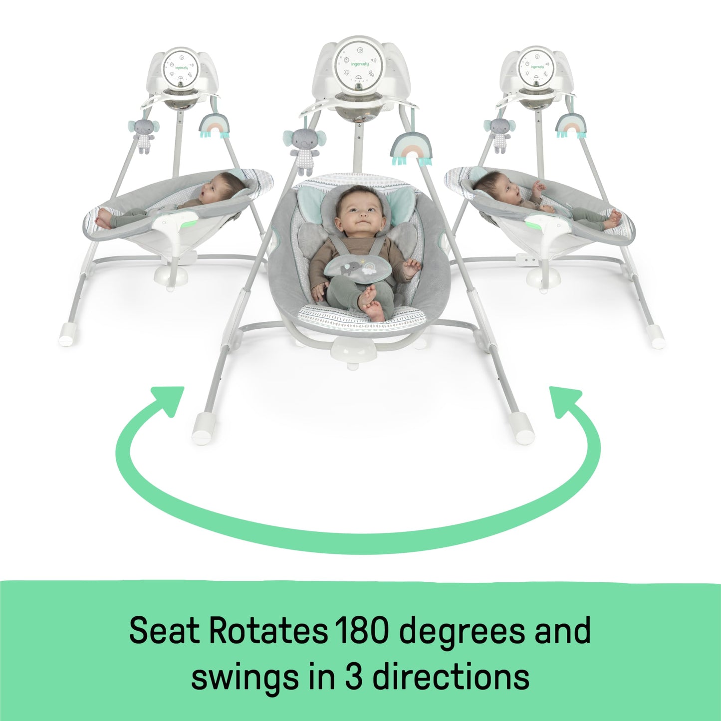 Side profile of Ingenuity InLighten baby swing showing rotating seat mechanism.