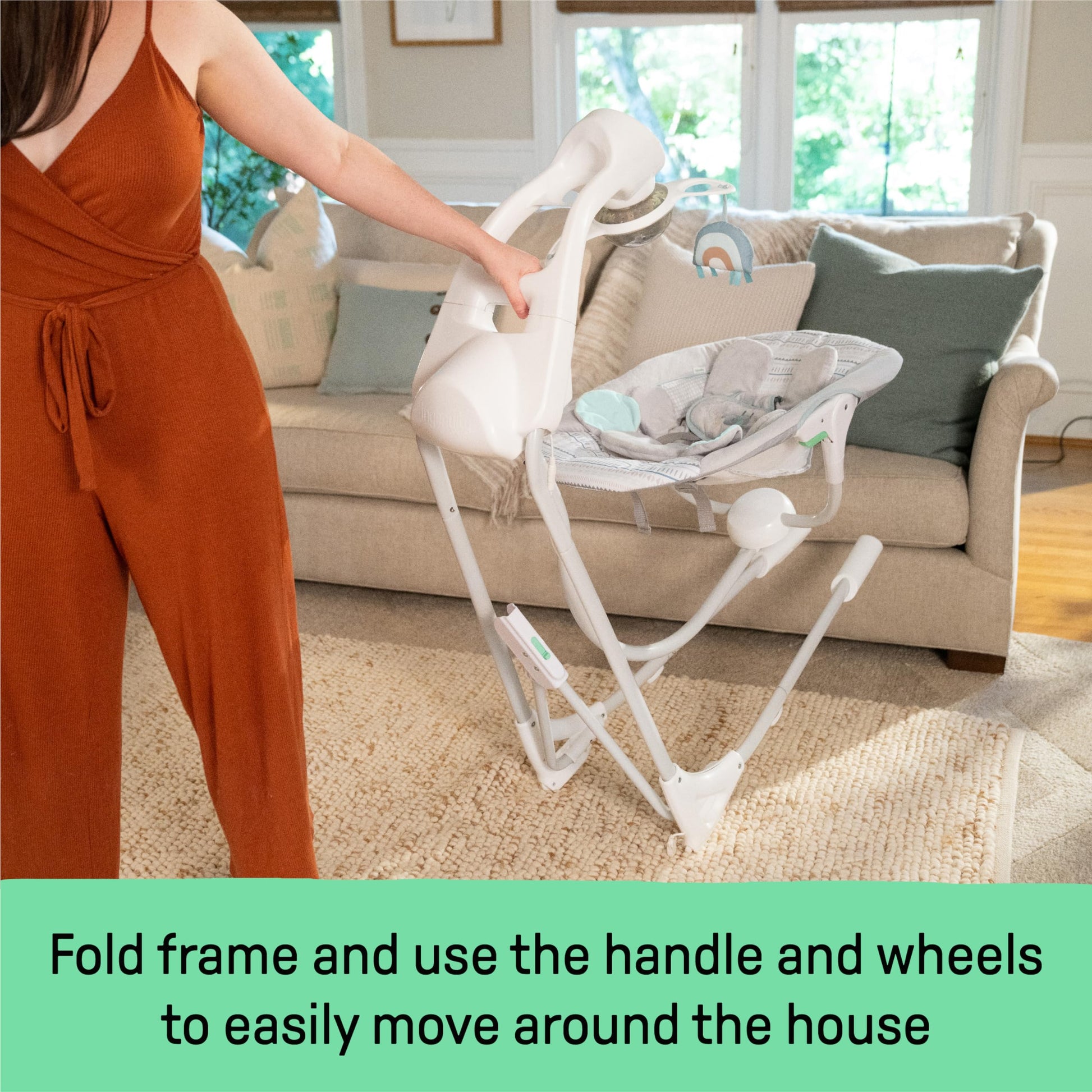 Ingenuity baby swing seat in full recline position for maximum comfort.