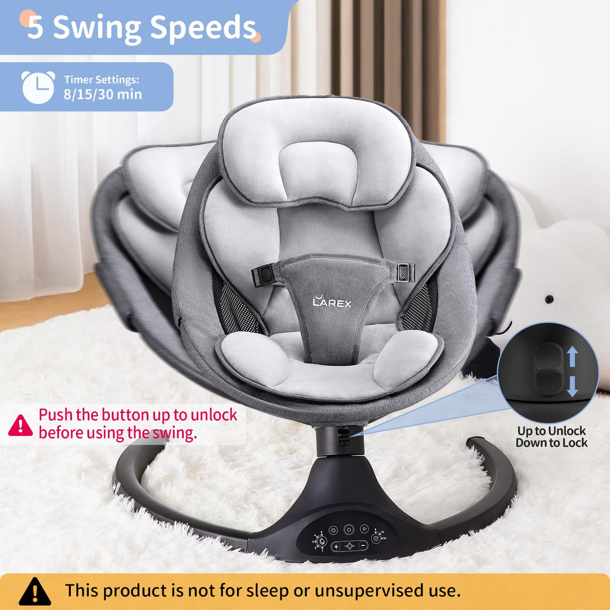 Larex baby rocker showing cushioned seating and headrest