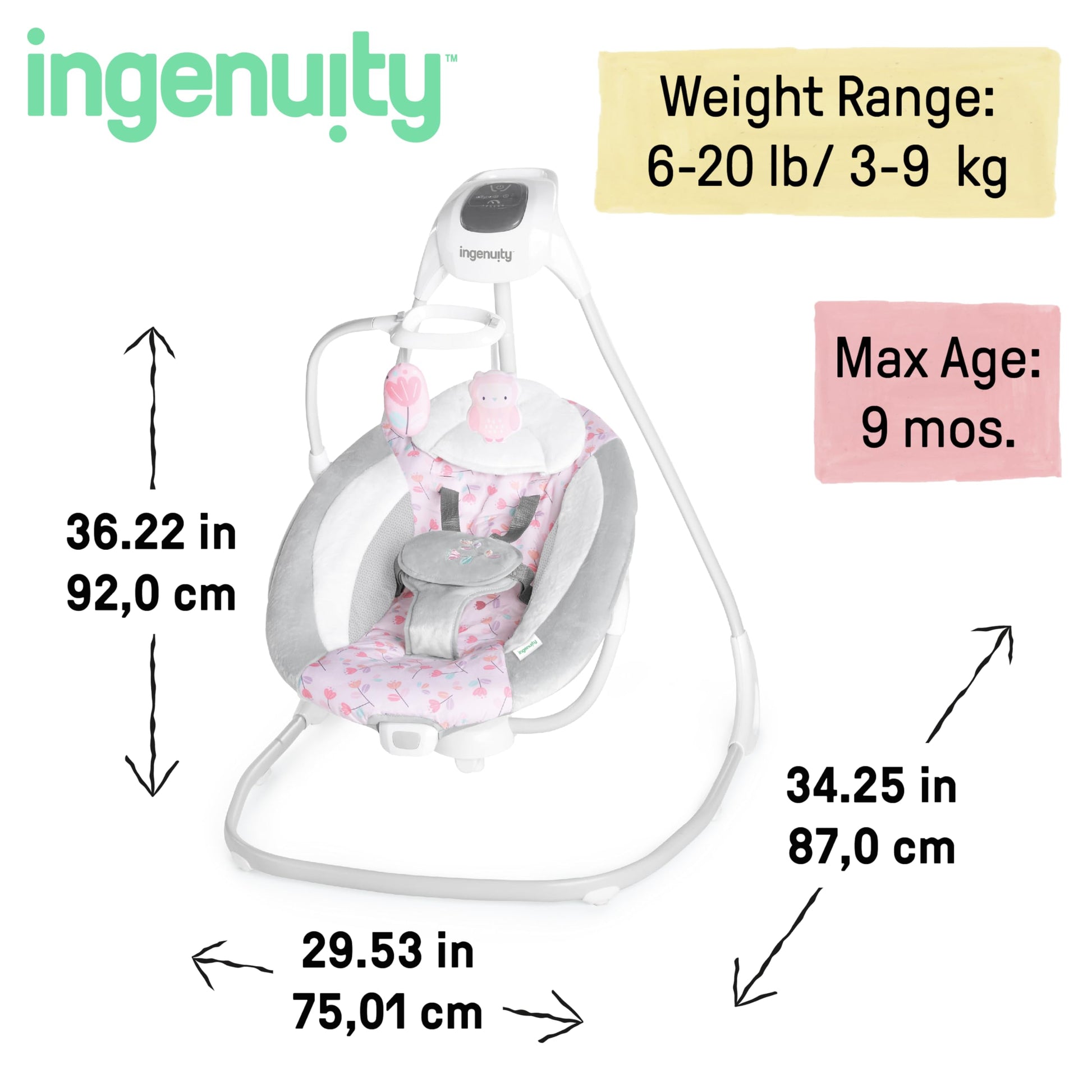 Plush mobile characters on Ingenuity infant swing