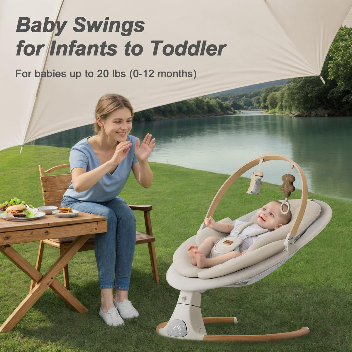 Monamii electric infant swing showing IMD touch panel and remote control