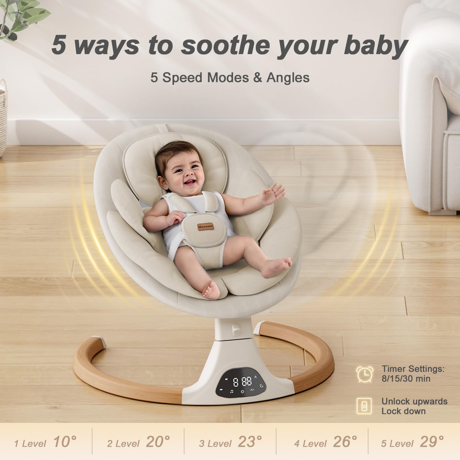 Monamii baby swing featuring 5 point safety harness