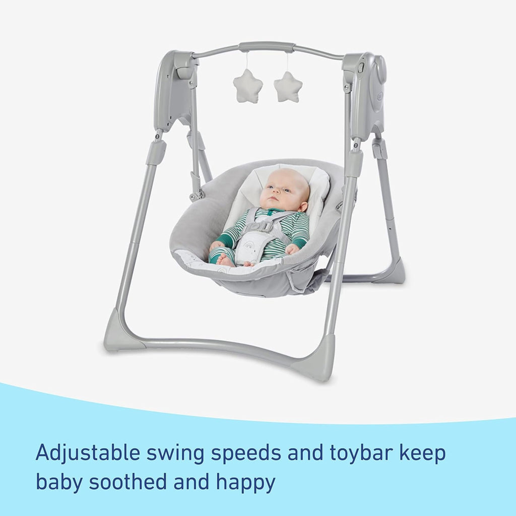 Graco Slim Spaces infant swing side profile featuring height adjustable legs