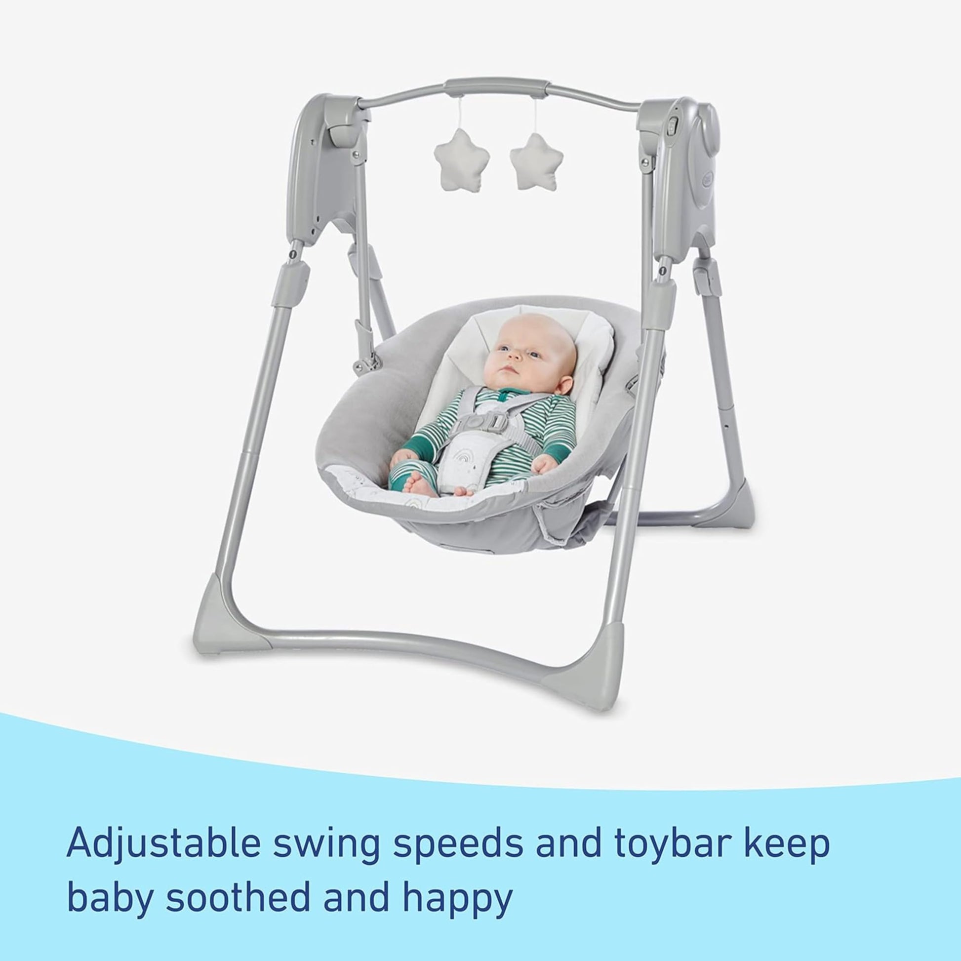 Graco baby swing with height adjustable legs in full size mode