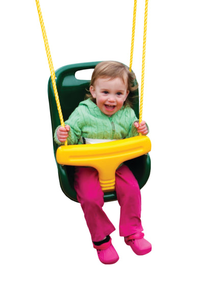 Close up of yellow T-bar safety mechanism on green toddler swing