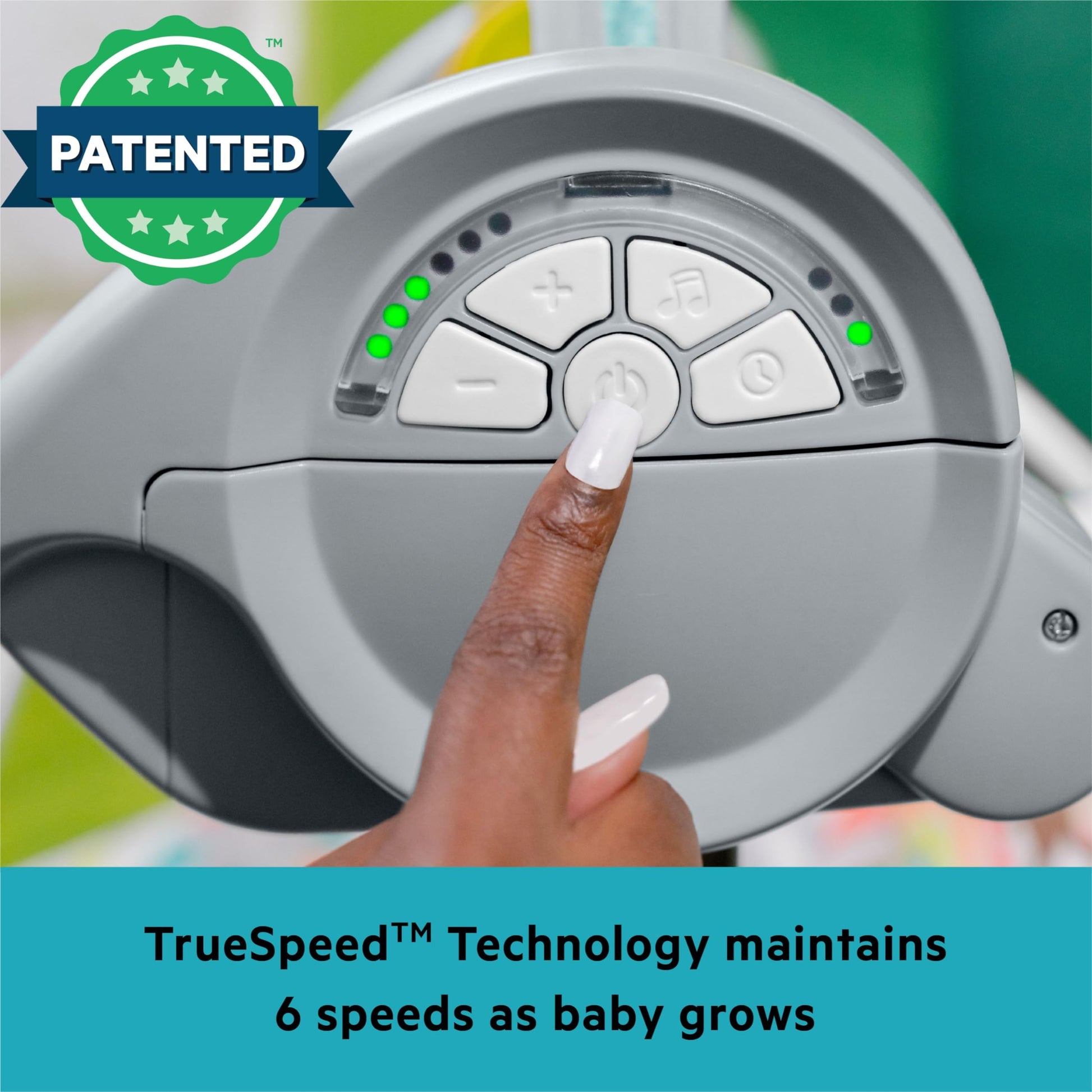 Infant securely buckled in Bright Starts Playful Paradise swing