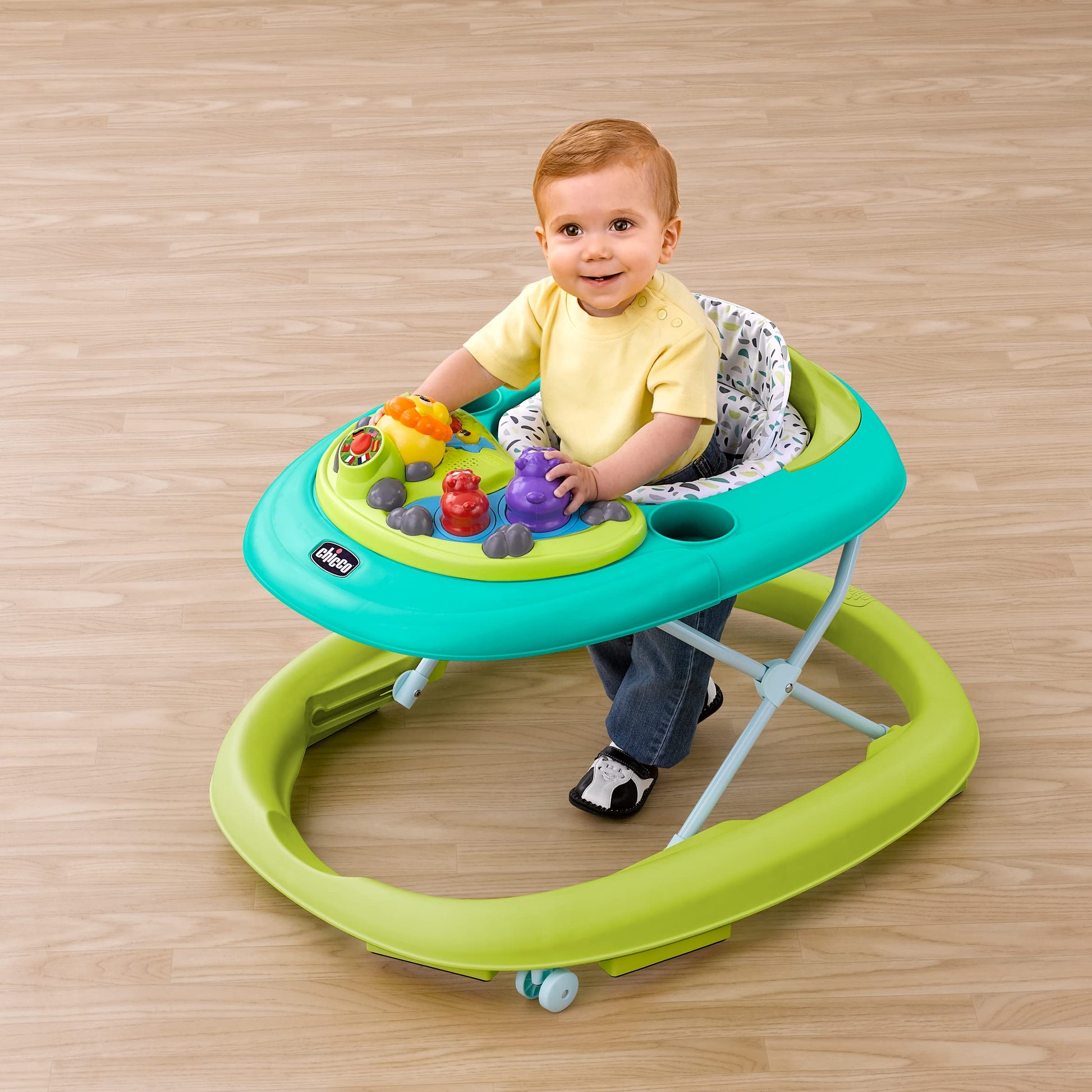 Side view of Chicco baby walker showing 3 height adjustment mechanism.