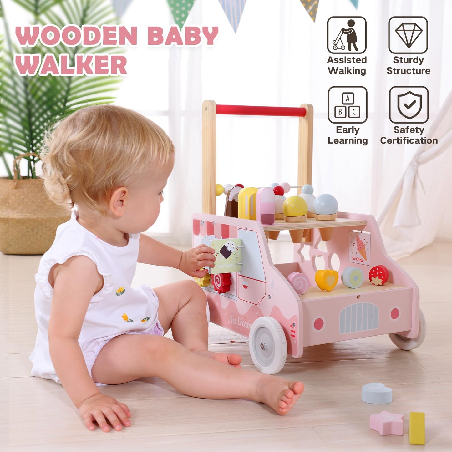 Detailed view of Labebe pink wooden walker handle