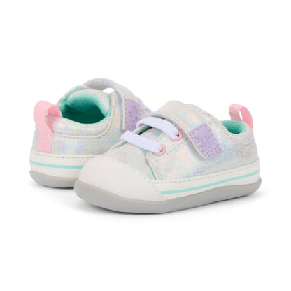 Top down view of See Kai Run Stevie Mini breathable textile infant shoes