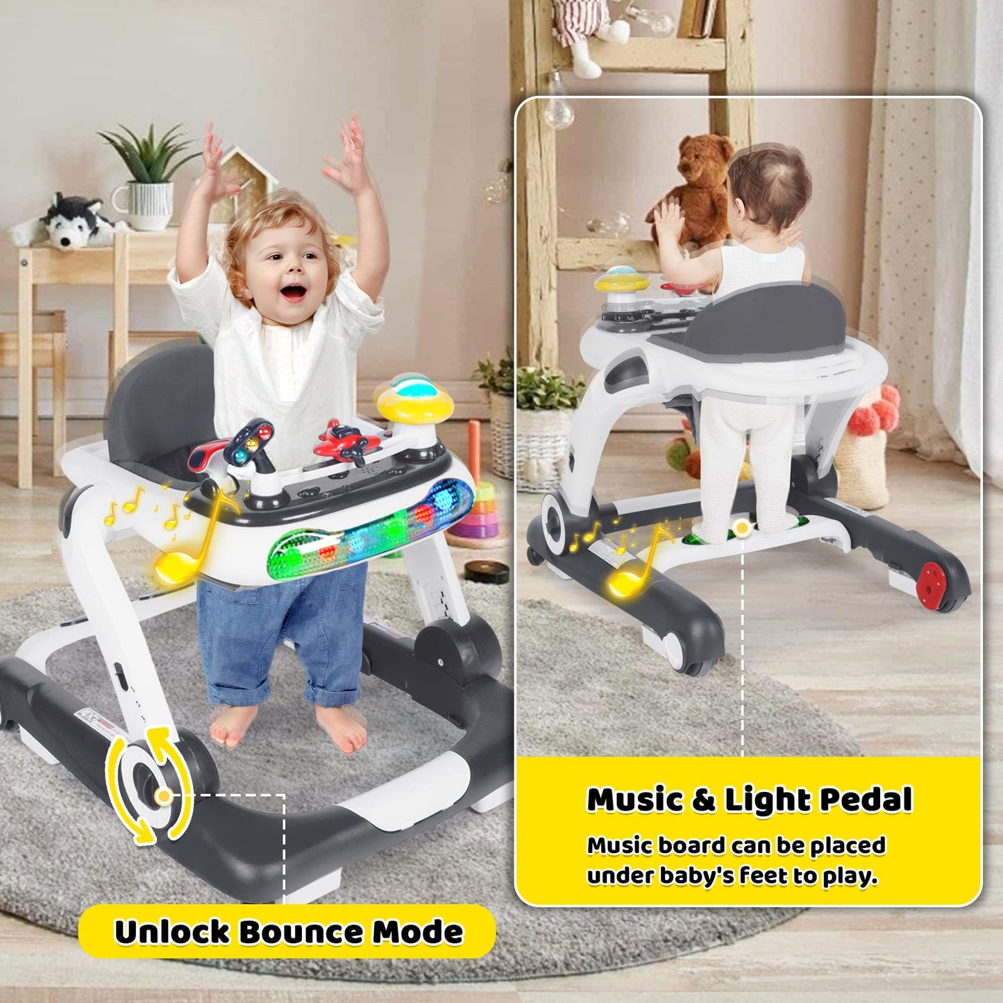 Side view of Todefull toddler activity walker showing adjustable height
