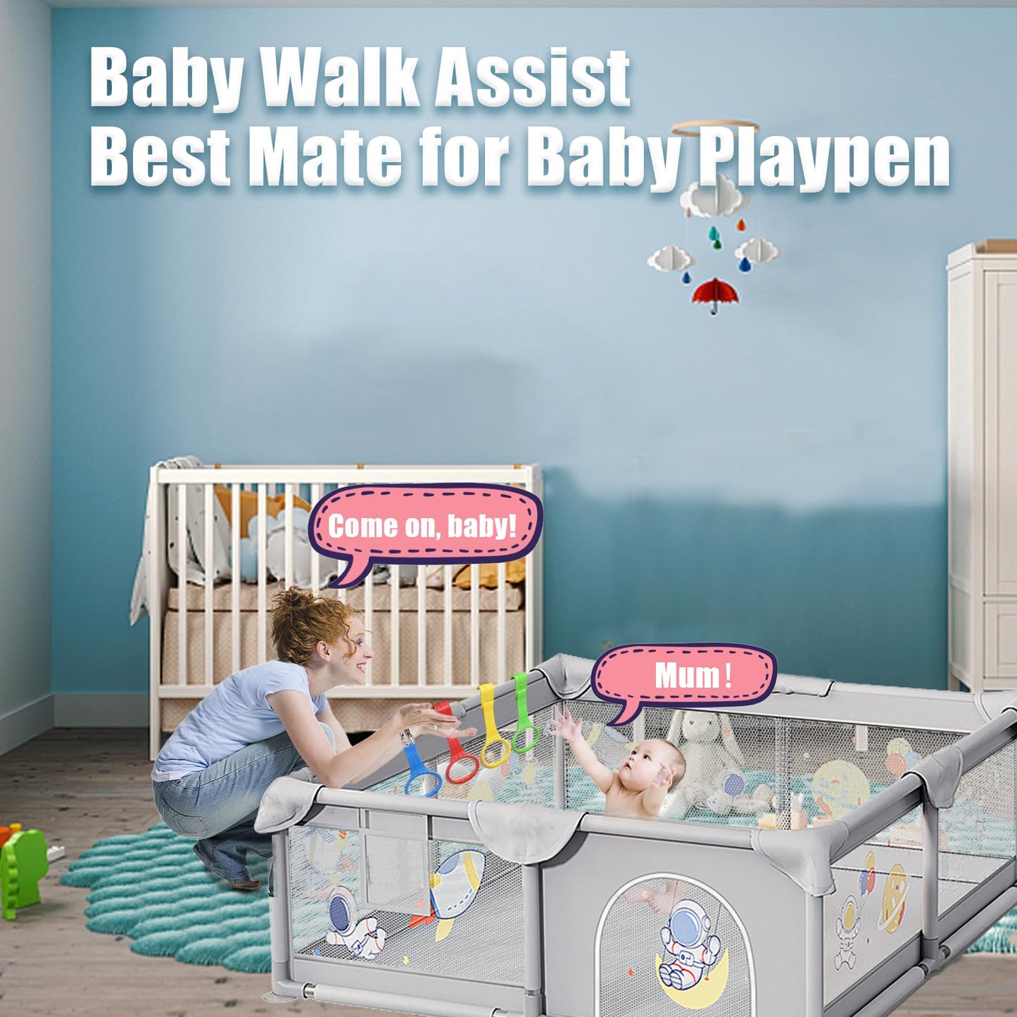 Multi colored baby pull up rings for crib attachment