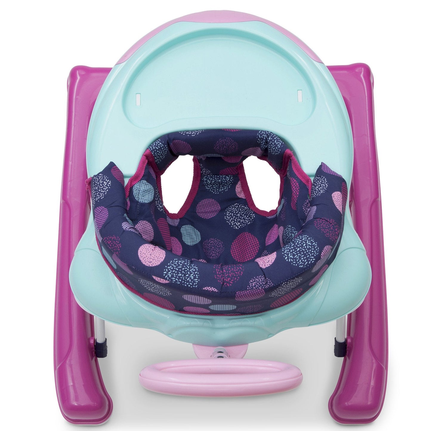 Padded high-back seat detail of the baby walker