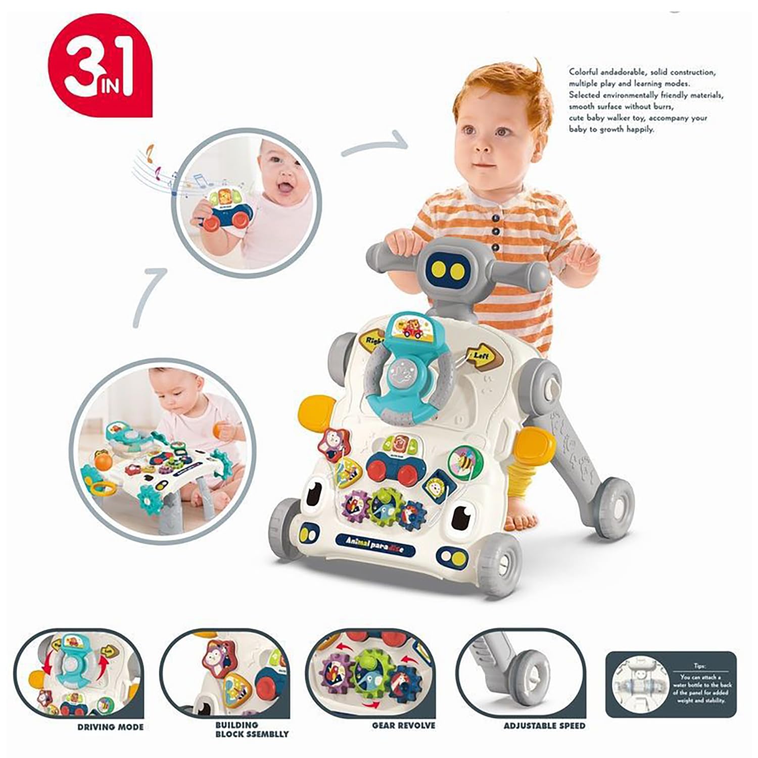 Asou sit-to-stand push walker with blue steering wheel activity panel