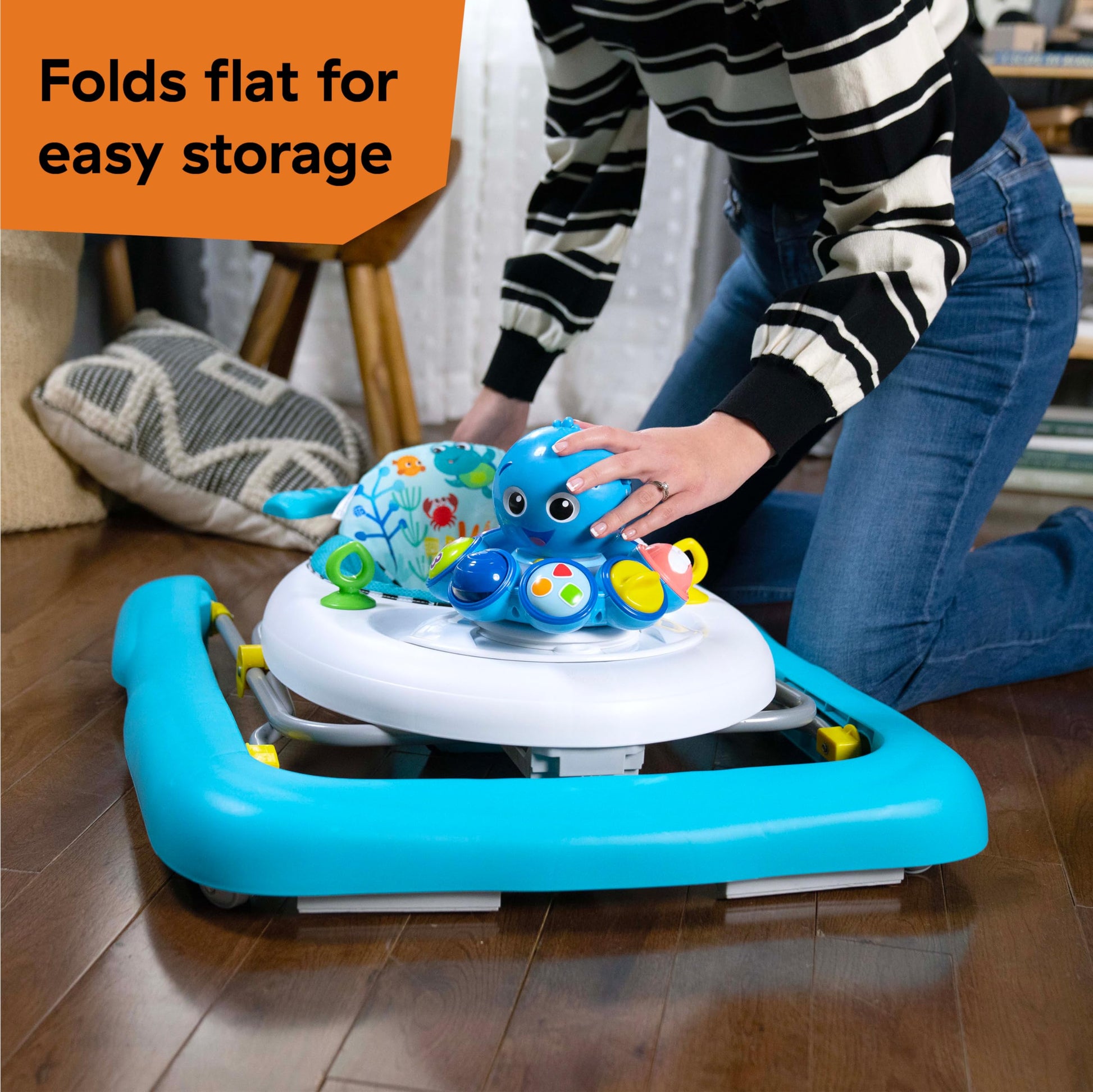 Detailed view of machine washable seat pad on walker