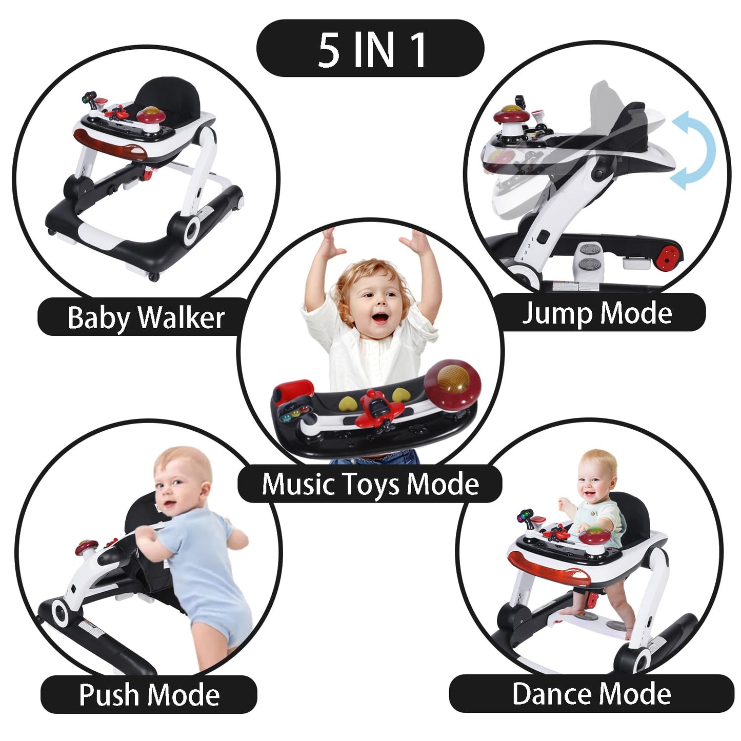 Side view of Kinder King convertible baby walker with music tray