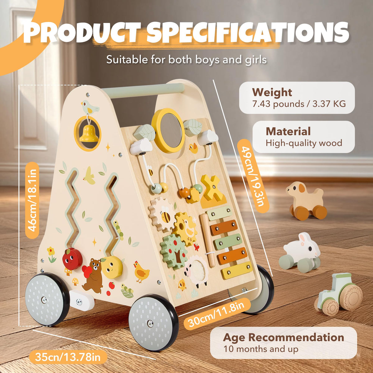 Pithfor toddler push walker side angle showing rubber wheels