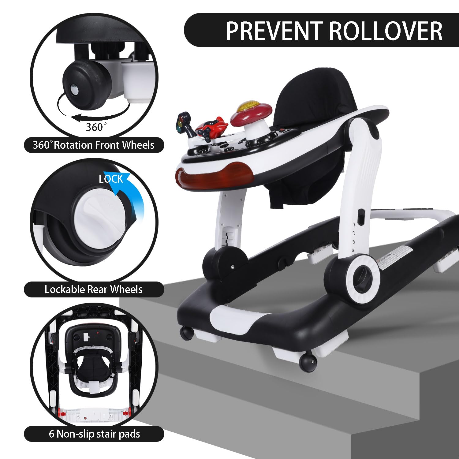 Rear view of infant walker showing anti-rollover safety structure