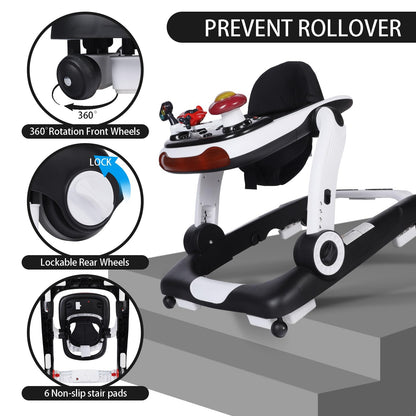 Rear view of infant walker showing anti-rollover safety structure